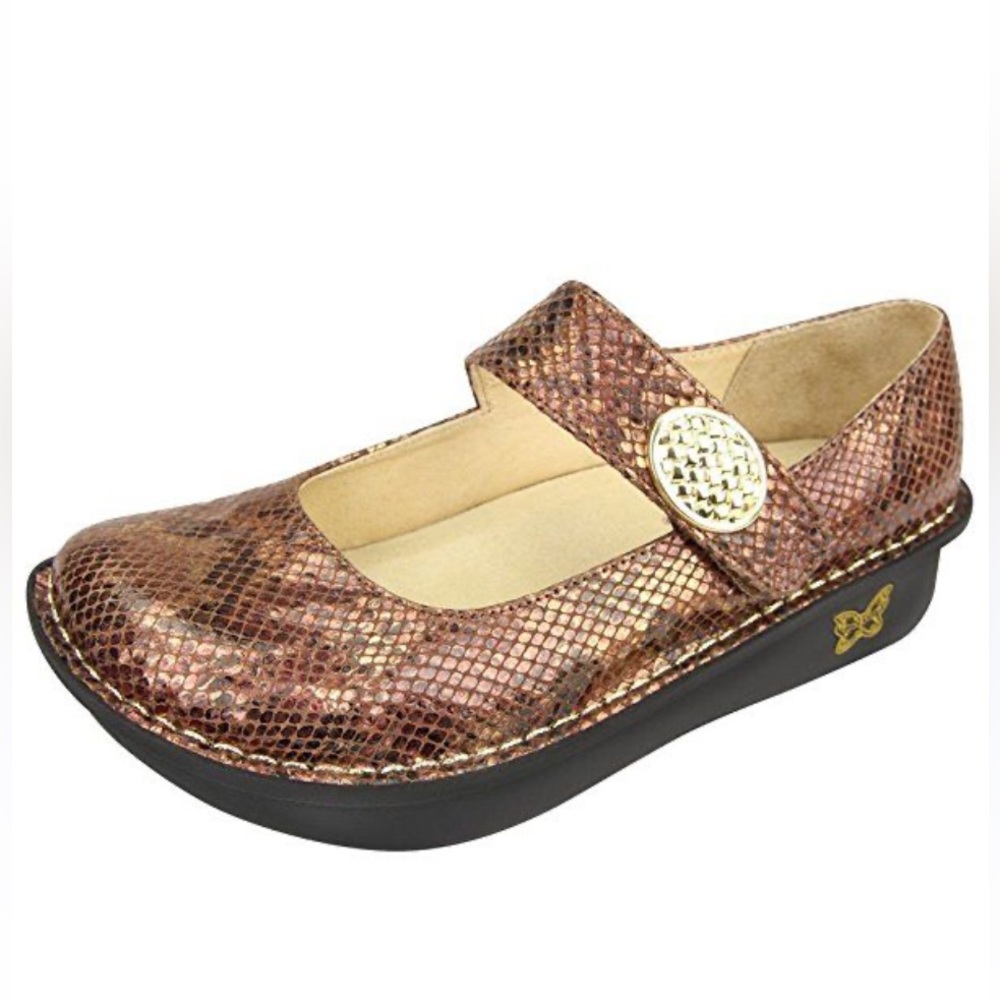 Algeria Sz 9 Paloma Mary Janes in a Copper Metallic Leather Snake Print